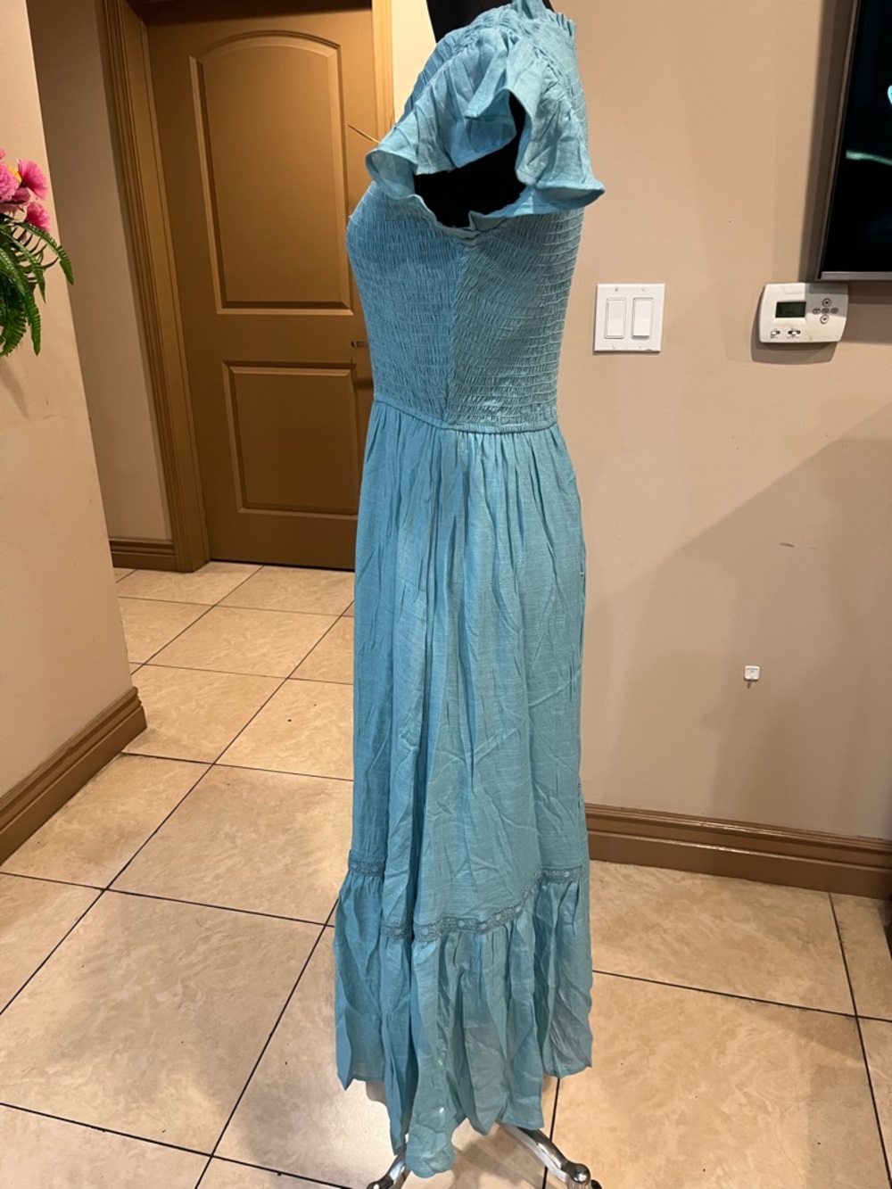 Sky Blue Smocked Maxi Dress with Ruffle Cap Sleeves - Picture 3 of 6
